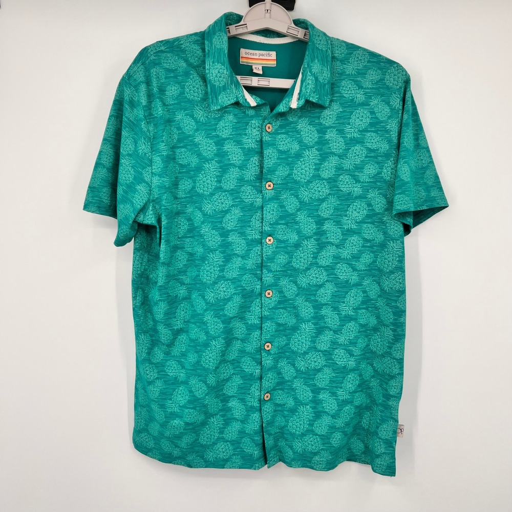 Ocean Pacific Mens XL Teal Green Pineapple Print Short Sleeve Button Down Shirt‎